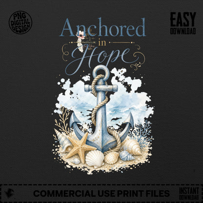 Anchor with seashells and starfish, text "Anchored in Hope".