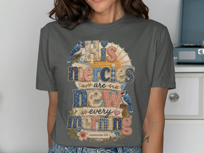 "His mercies are new every morning" text with birds and sunrise on a t-shirt.