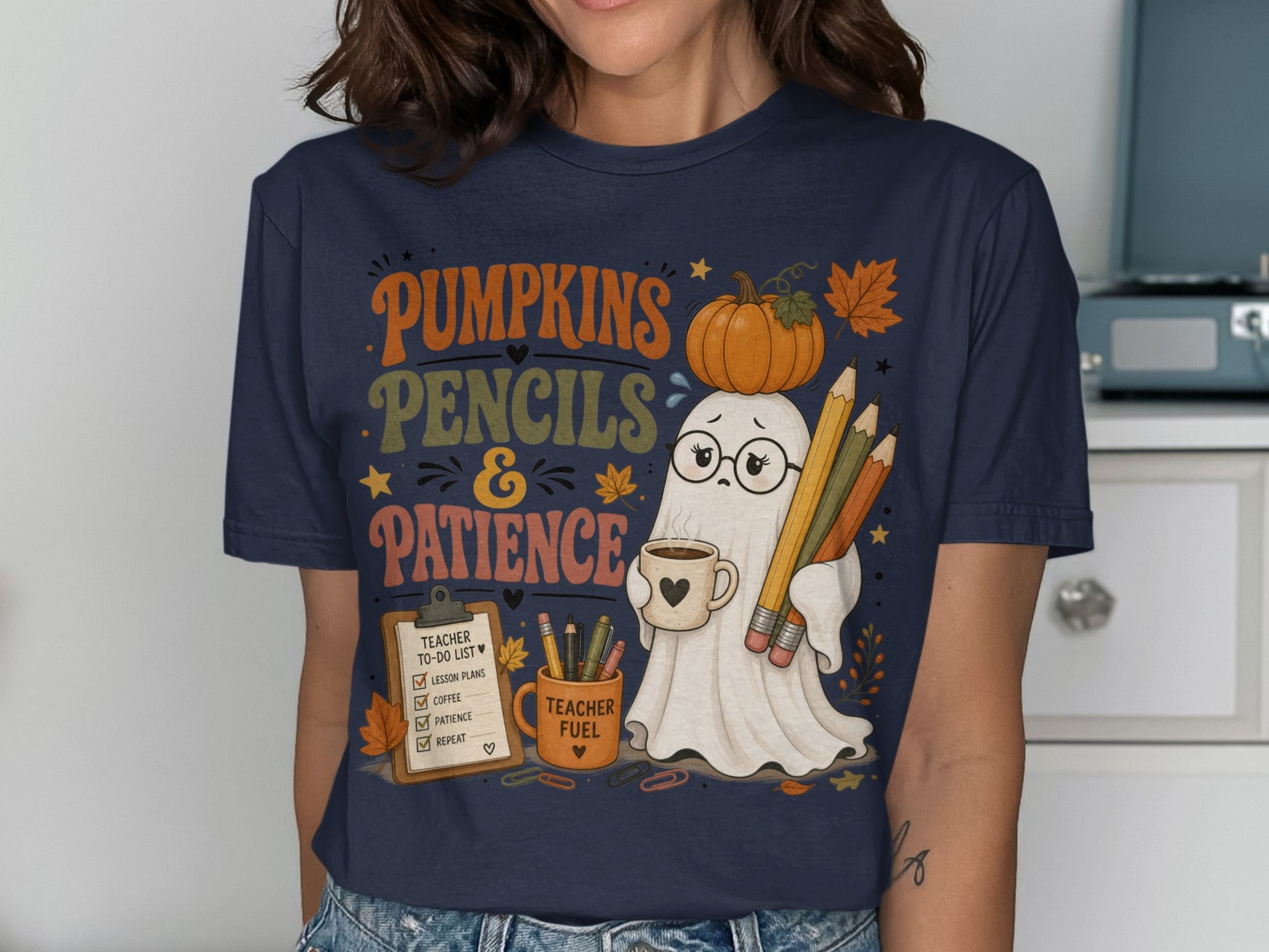 Ghost with pumpkin and pencils, "Pumpkins Pencils & Patience" text.