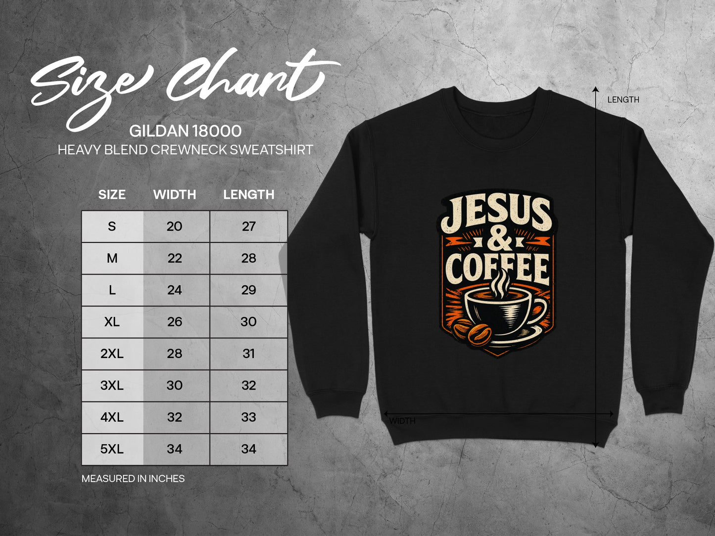 Gildan 18000 sweatshirt size chart with measurements.