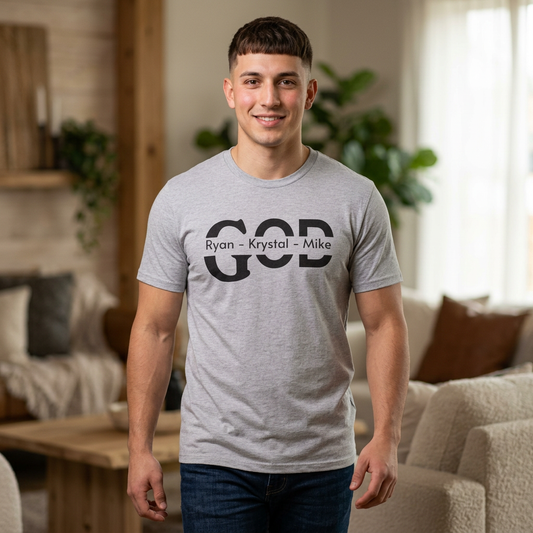 Personalized God Name Stripe T-Shirt — Add Kids Names Faith Tee (e.g., Ryan • Krystal • Mike)