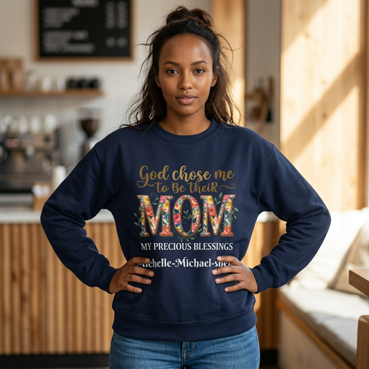 Personalized God Chose Me To Be Their Mom Floral Sweatshirt —  add Kids Names Mother's Day Gift