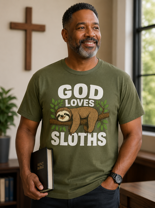 God Loves Sloths Funny Christian T Shirt for Men Women – Cute Faith Based Sloth Graphic Tee for Animal Lovers