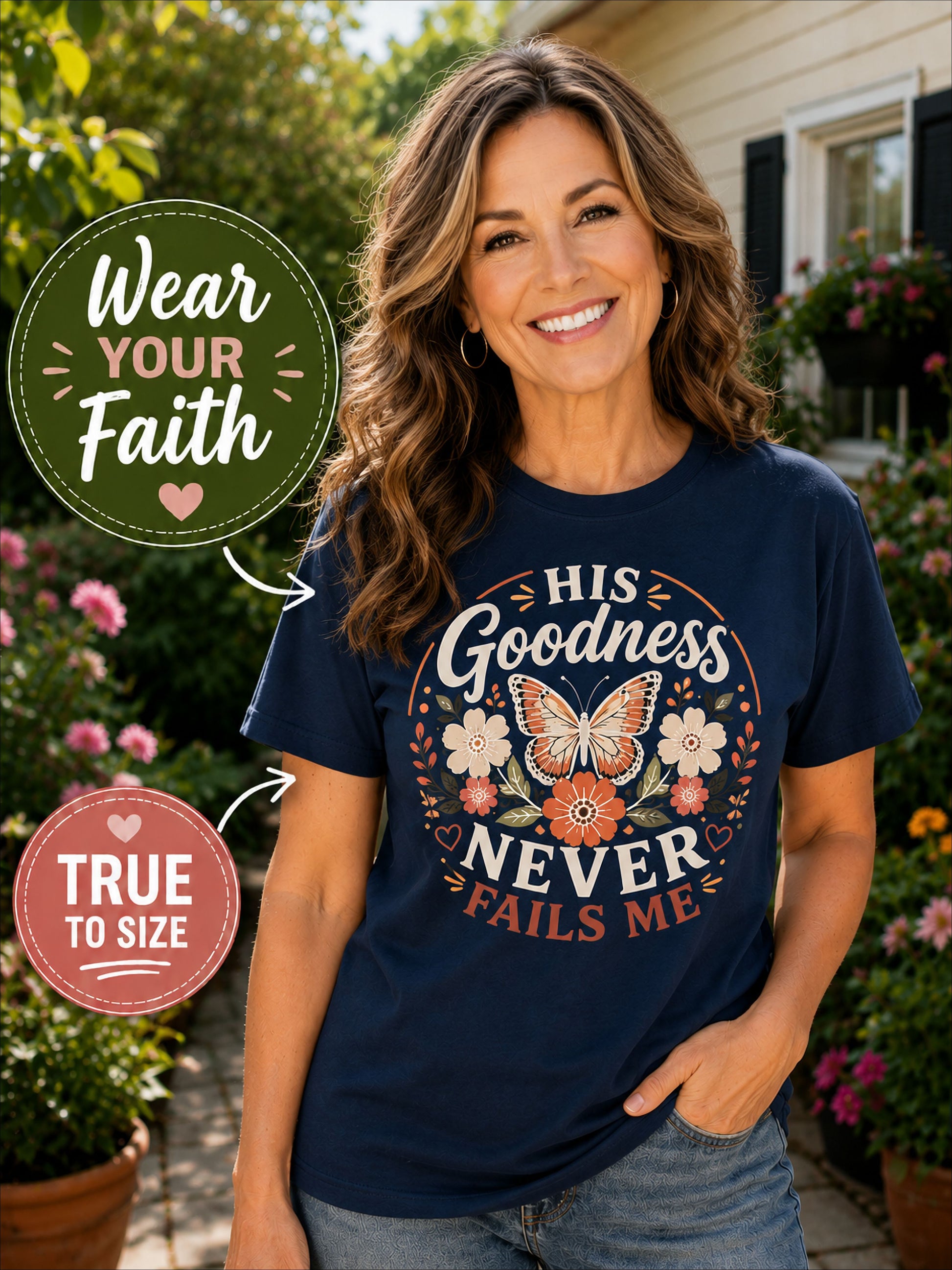 Christian Butterfly Shirt for Women – His Goodness Never Fails Me Faith Based Fl | Christian shirt | Custom Church Merch