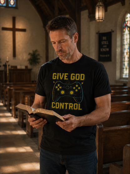 Give God Control - Christian Gamer T-Shirt - Funny Faith-Based Video Game Tee | Christian shirt | Custom Church Merch