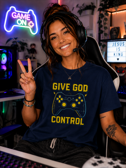 Give God Control - Christian Gamer T-Shirt - Funny Faith-Based Video Game Tee | Christian shirt | Custom Church Merch