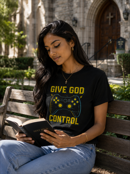 Give God Control - Christian Gamer T-Shirt - Funny Faith-Based Video Game Tee | Christian shirt | Custom Church Merch
