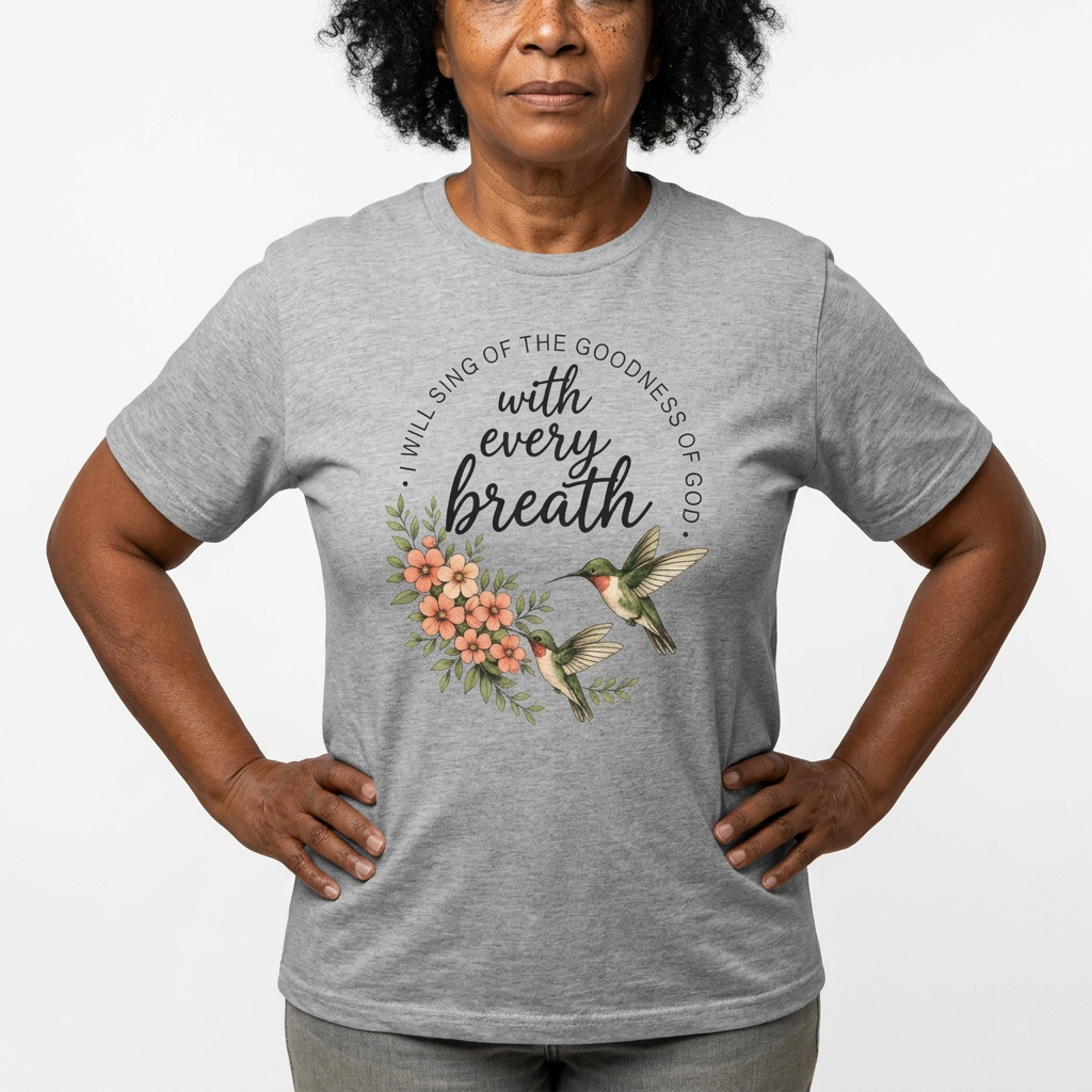 Christian Shirt for Women – With Every Breath Hummingbird Floral Inspirational Faith Based Graphic T-Shirt