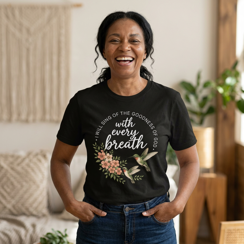 Christian Shirt for Women – With Every Breath Hummingbird Floral Inspirational Faith Based Graphic T-Shirt