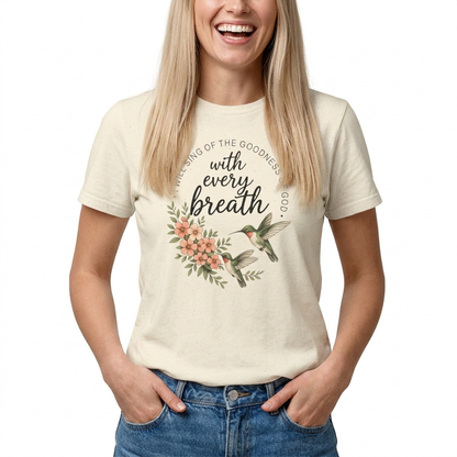 Christian Shirt for Women – With Every Breath Hummingbird Floral Inspirational Faith Based Graphic T-Shirt