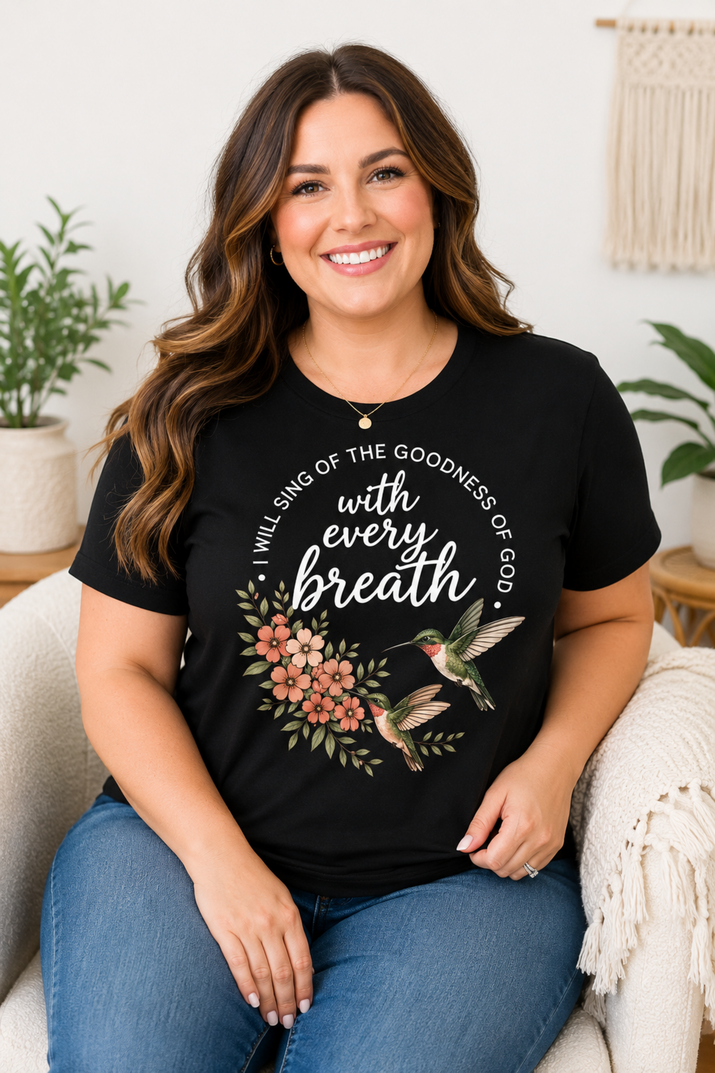 Christian Shirt for Women – With Every Breath Hummingbird Floral Inspirational Faith Based Graphic T-Shirt