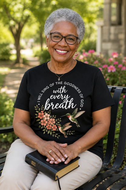 Christian Shirt for Women – With Every Breath Hummingbird Floral Inspirational Faith Based Graphic T-Shirt
