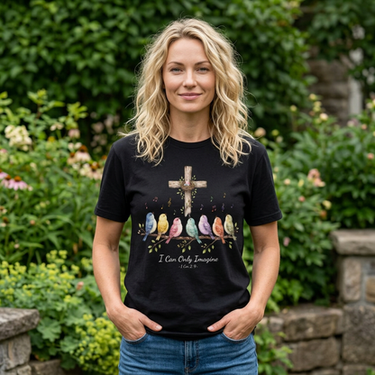 I Can Only Imagine Shirt, Cross with Songbirds Women's Christian Tee | 1 Corinthians 2:9 Worship Gift