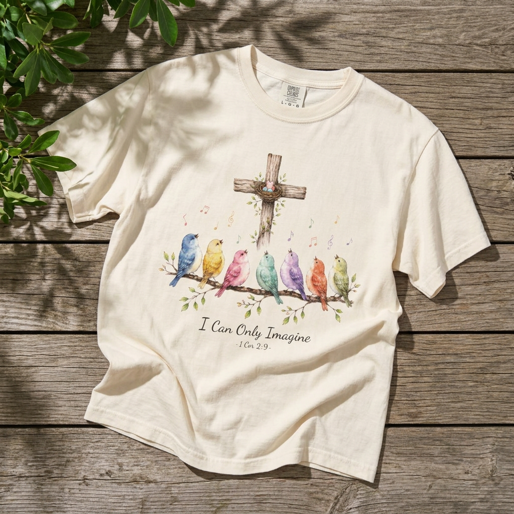 I Can Only Imagine Shirt, Cross with Songbirds Women's Christian Tee | 1 Corinthians 2:9 Worship Gift
