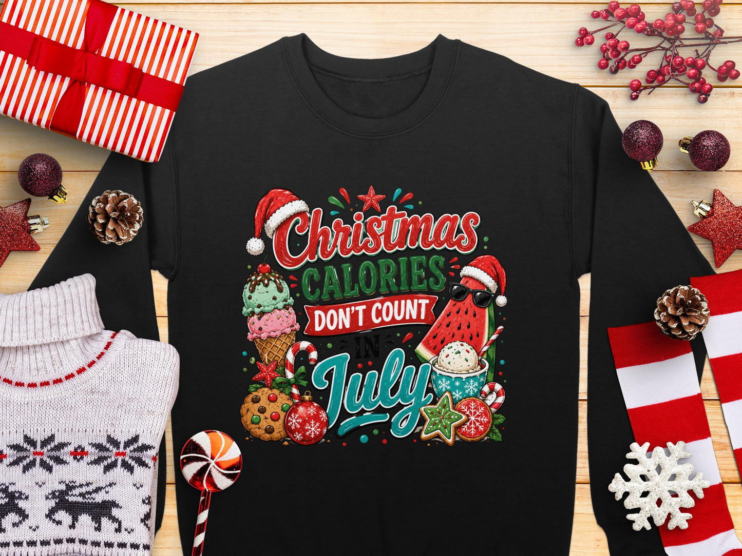 Christmas Calories Don't Count In July graphic with ice cream and candy.