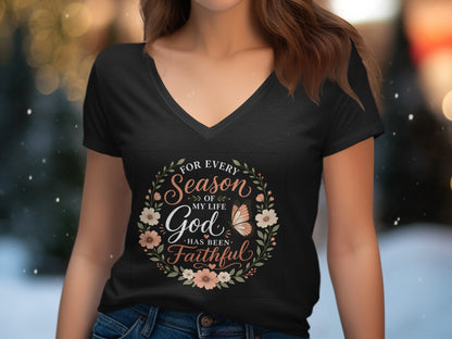 Black v-neck t-shirt with floral wreath graphic and text "For every season of my life God has been faithful".