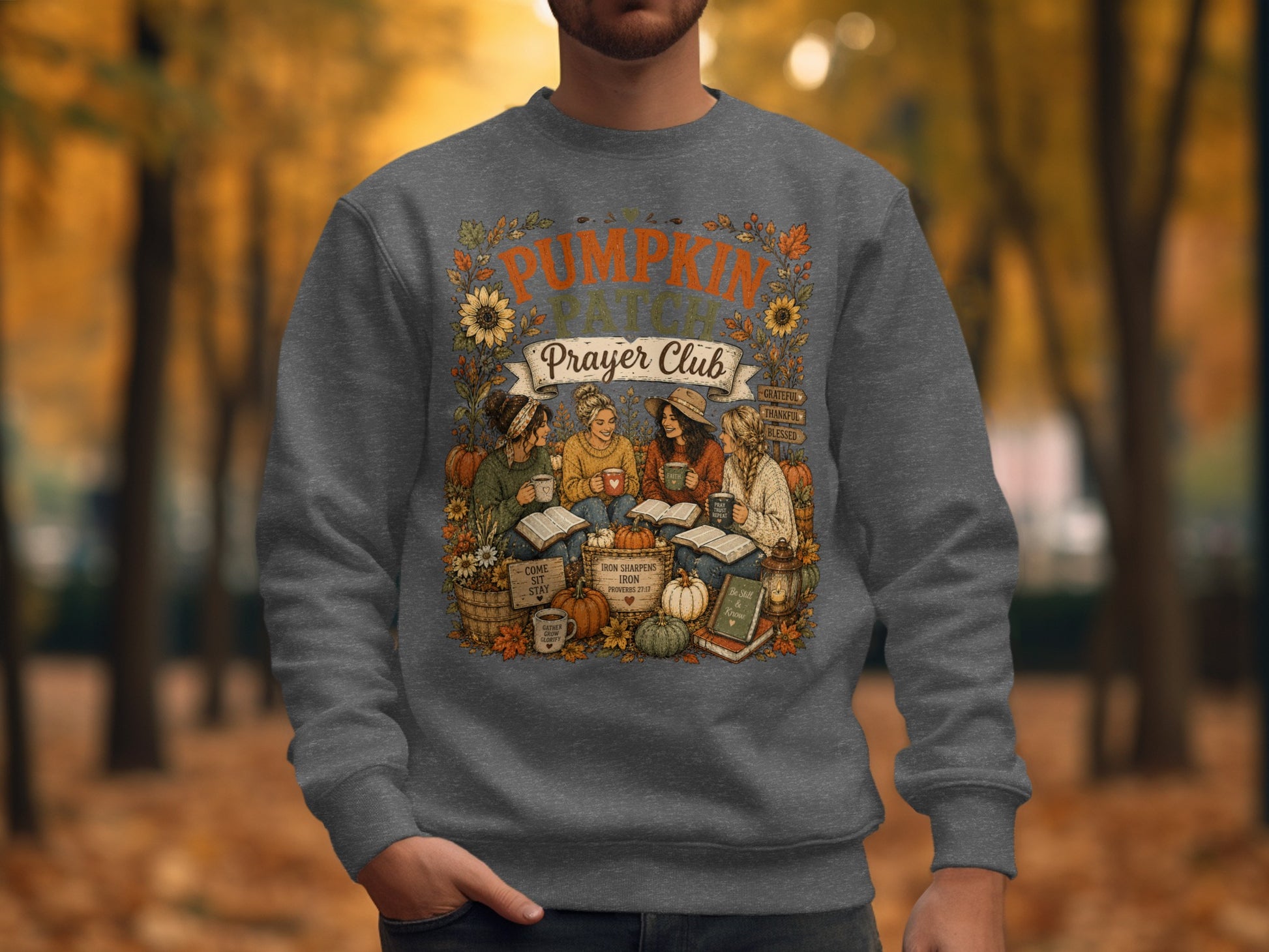 Crewneck sweatshirt with "Pumpkin Prayer Club" and fall motifs.