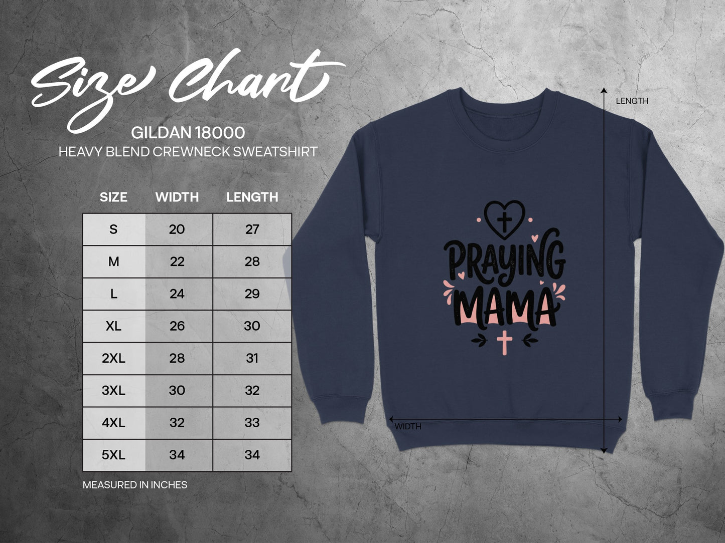 Gildan 18000 sweatshirt size chart with width and length measurements.