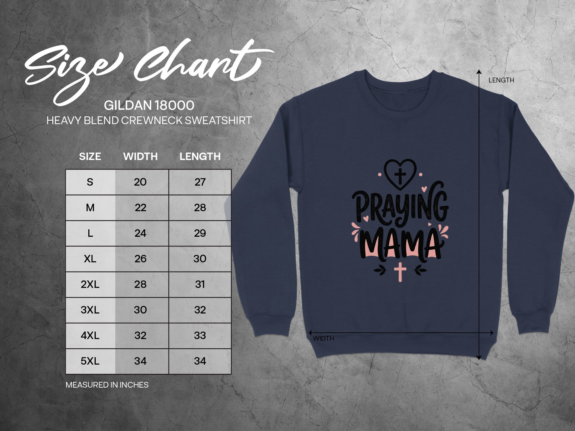 Gildan 18000 sweatshirt size chart with width and length measurements.