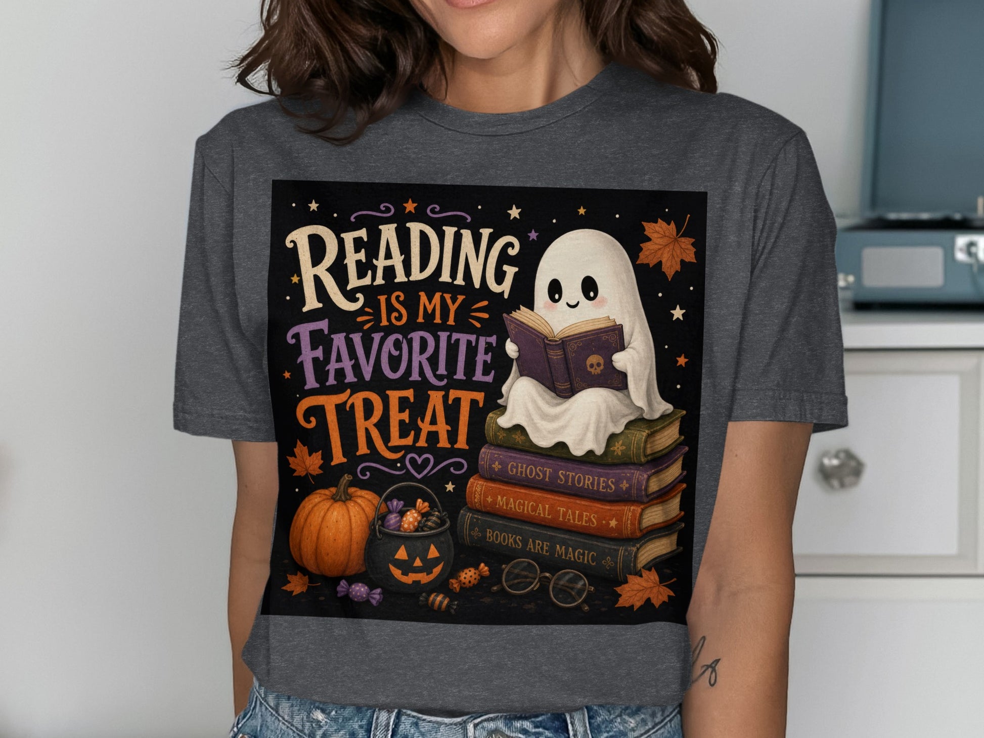 Ghost reading on stacked books with text "Reading is my favorite treat."