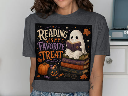 Ghost reading on stacked books with text "Reading is my favorite treat."