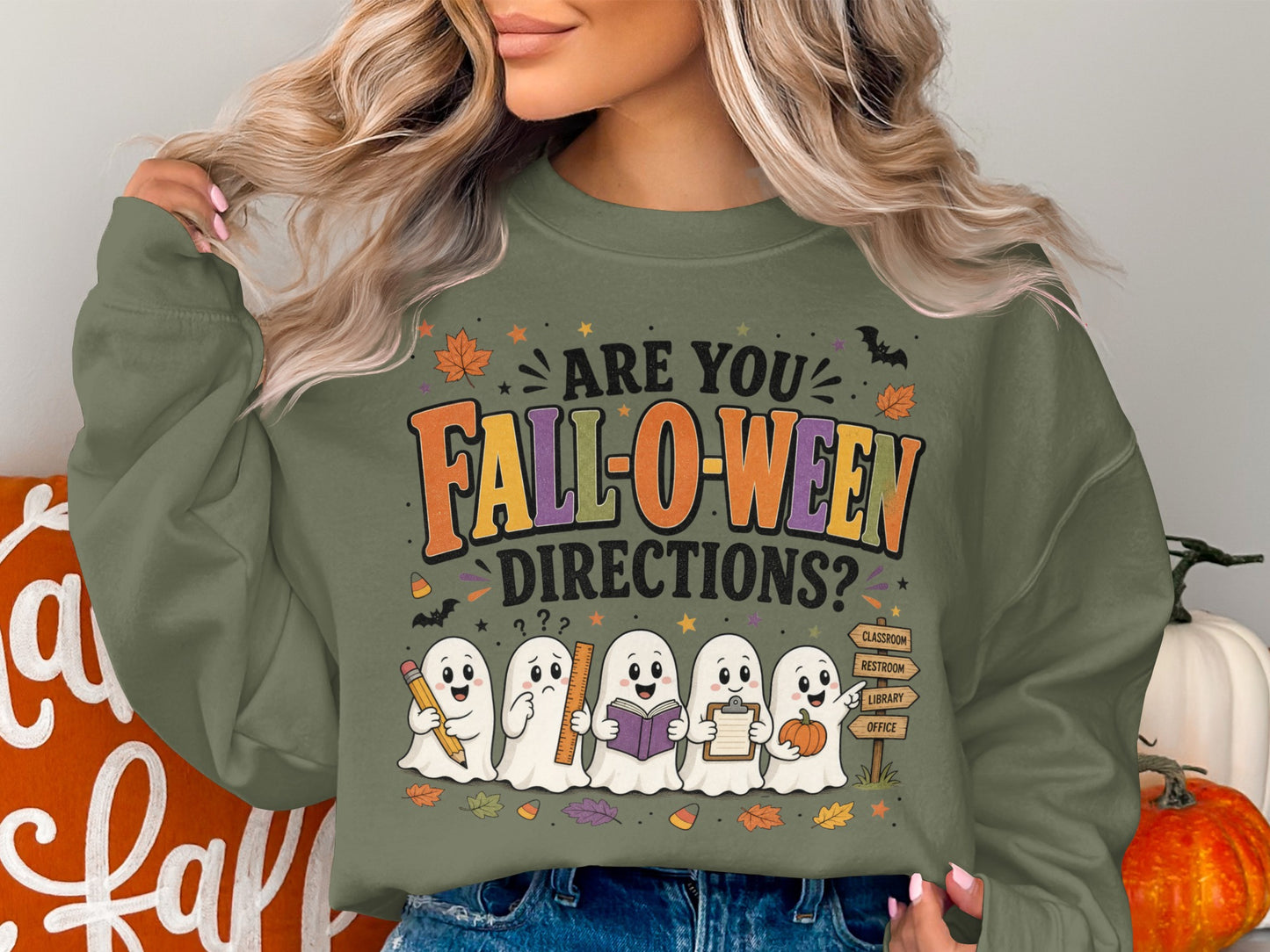 Ghosts holding school items and a pumpkin, with text "ARE YOU FALL-O-WEEN DIRECTIONS?".