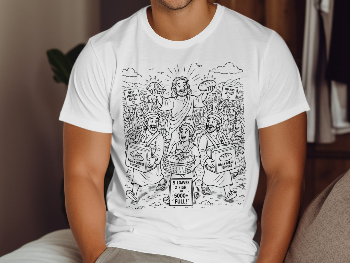 Line art t-shirt design of Jesus feeding a crowd with loaves and fish.