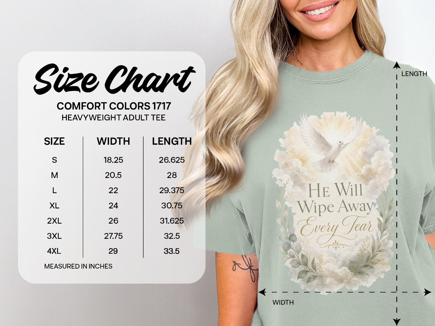 Comfort Colors 1717 heavyweight adult tee size chart with width and length measurements.