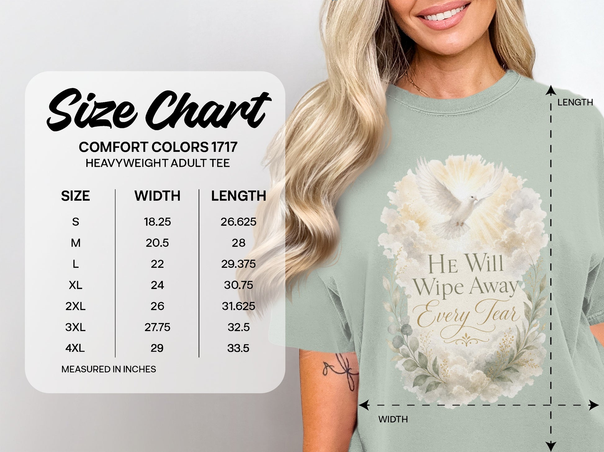 Comfort Colors 1717 heavyweight adult tee size chart with width and length measurements.