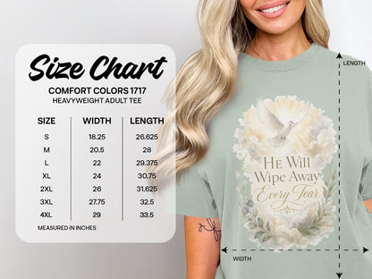 Comfort Colors 1717 heavyweight adult tee size chart with width and length measurements.
