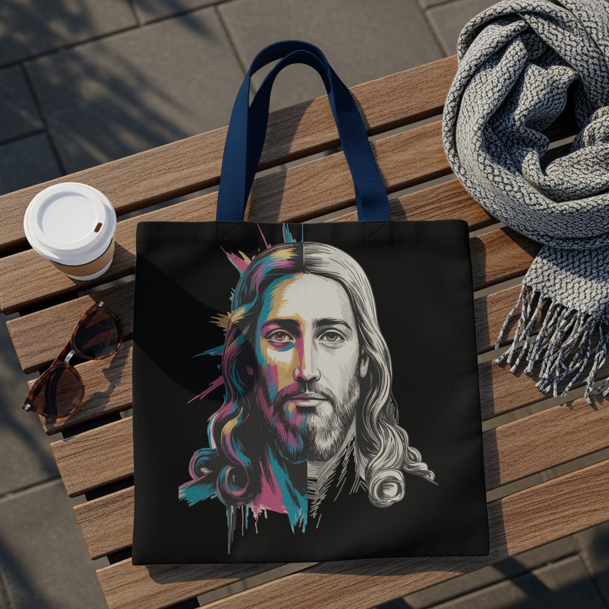 Black tote bag with split portrait of Jesus, half in color, half in line art.