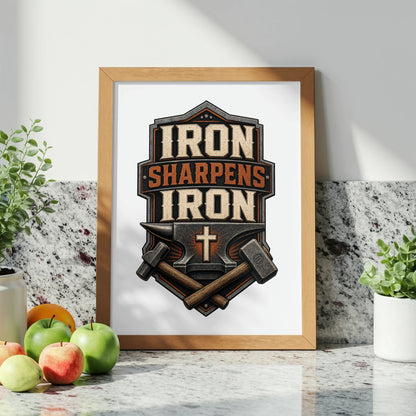 Framed print featuring an anvil, hammers, and the text "IRON SHARPENS IRON" with a cross.