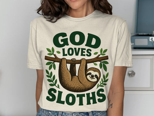 Cream t-shirt with "GOD LOVES SLOTHS" and a sloth on a branch.