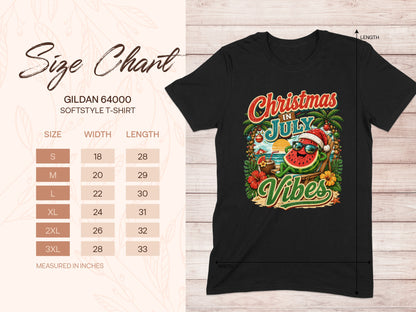 Gildan 64000 t-shirt size chart and graphic of watermelon in Santa hat.