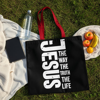 Black tote bag with red straps, text "Jesus the Way the Truth the Life".
