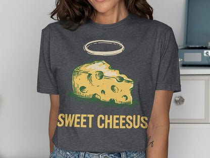 T-shirt with cheese wedge illustration and "Sweet Cheesus" text.