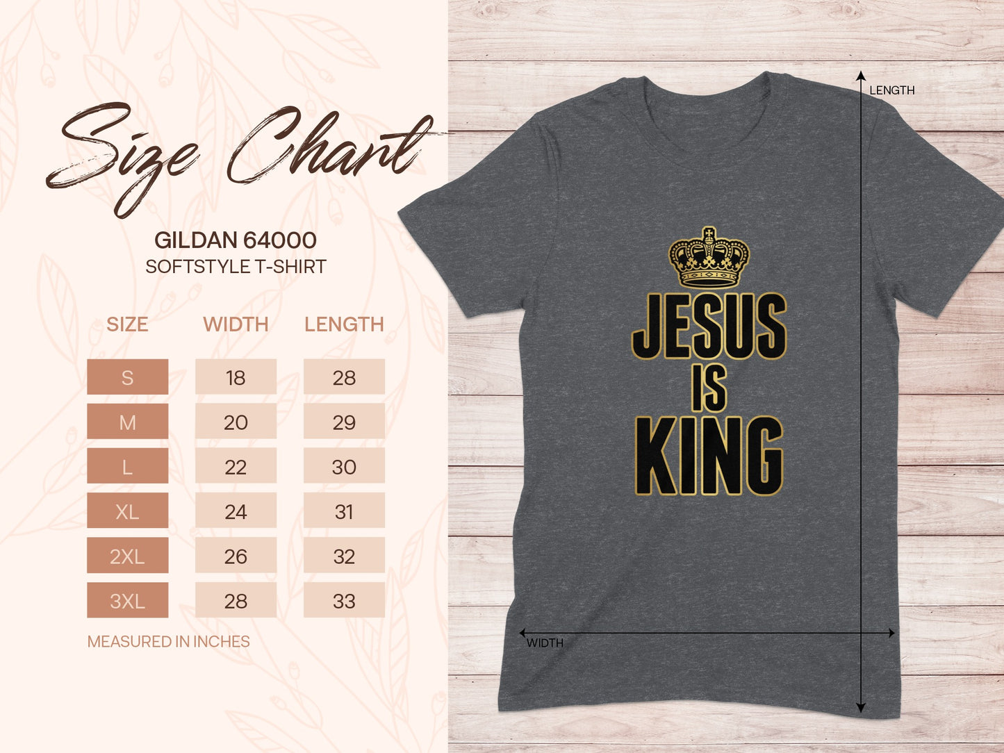Gildan 64000 Softstyle T-Shirt size chart with dimensions.