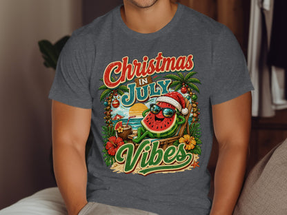 Watermelon in Santa hat relaxes on beach chair, "Christmas in July Vibes" text.