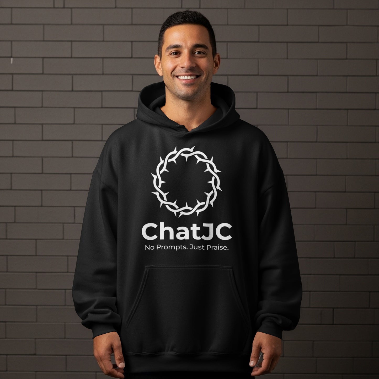 Black hoodie with "ChatJC No Prompts. Just Praise." text and crown of thorns logo.