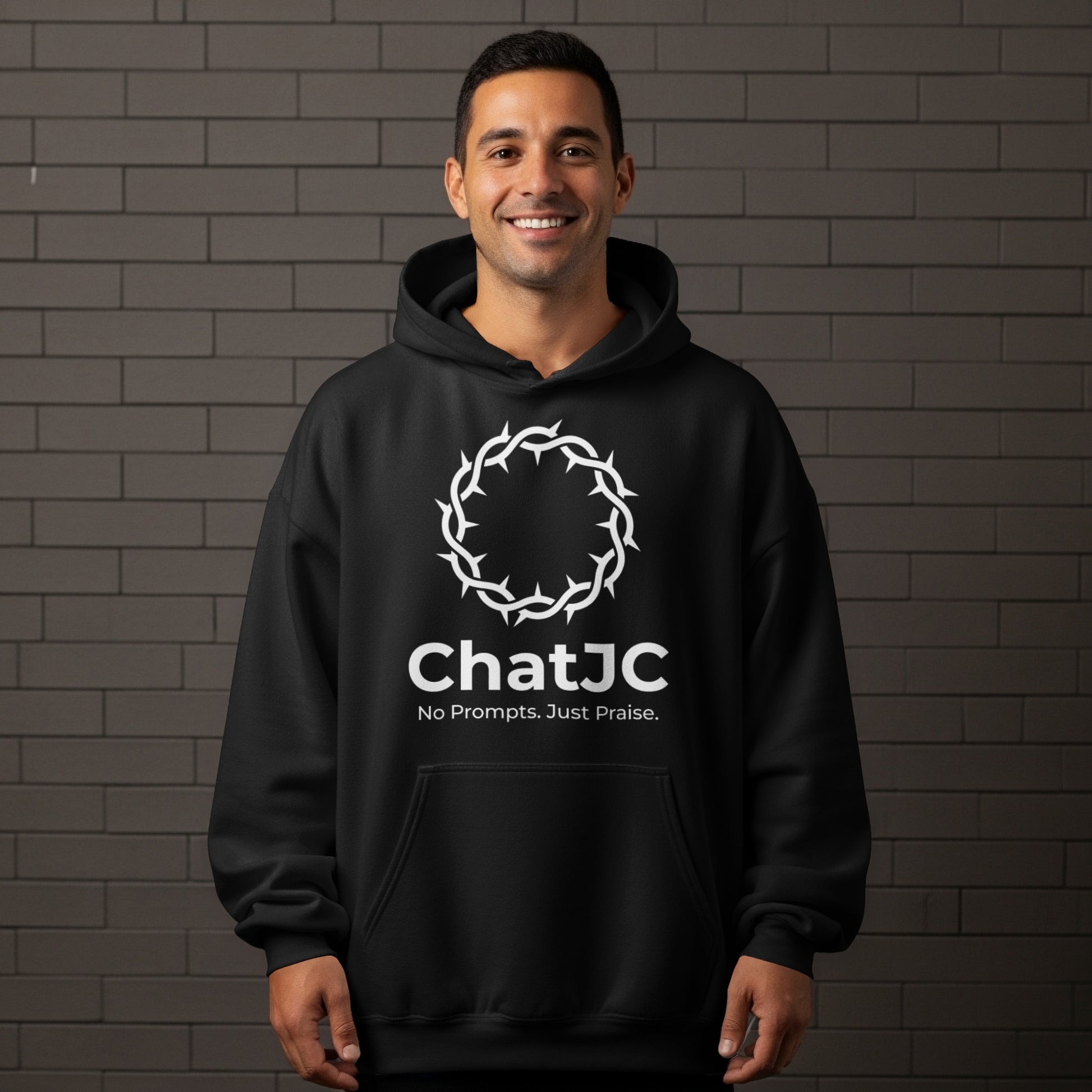 Black hoodie with "ChatJC No Prompts. Just Praise." text and crown of thorns logo.