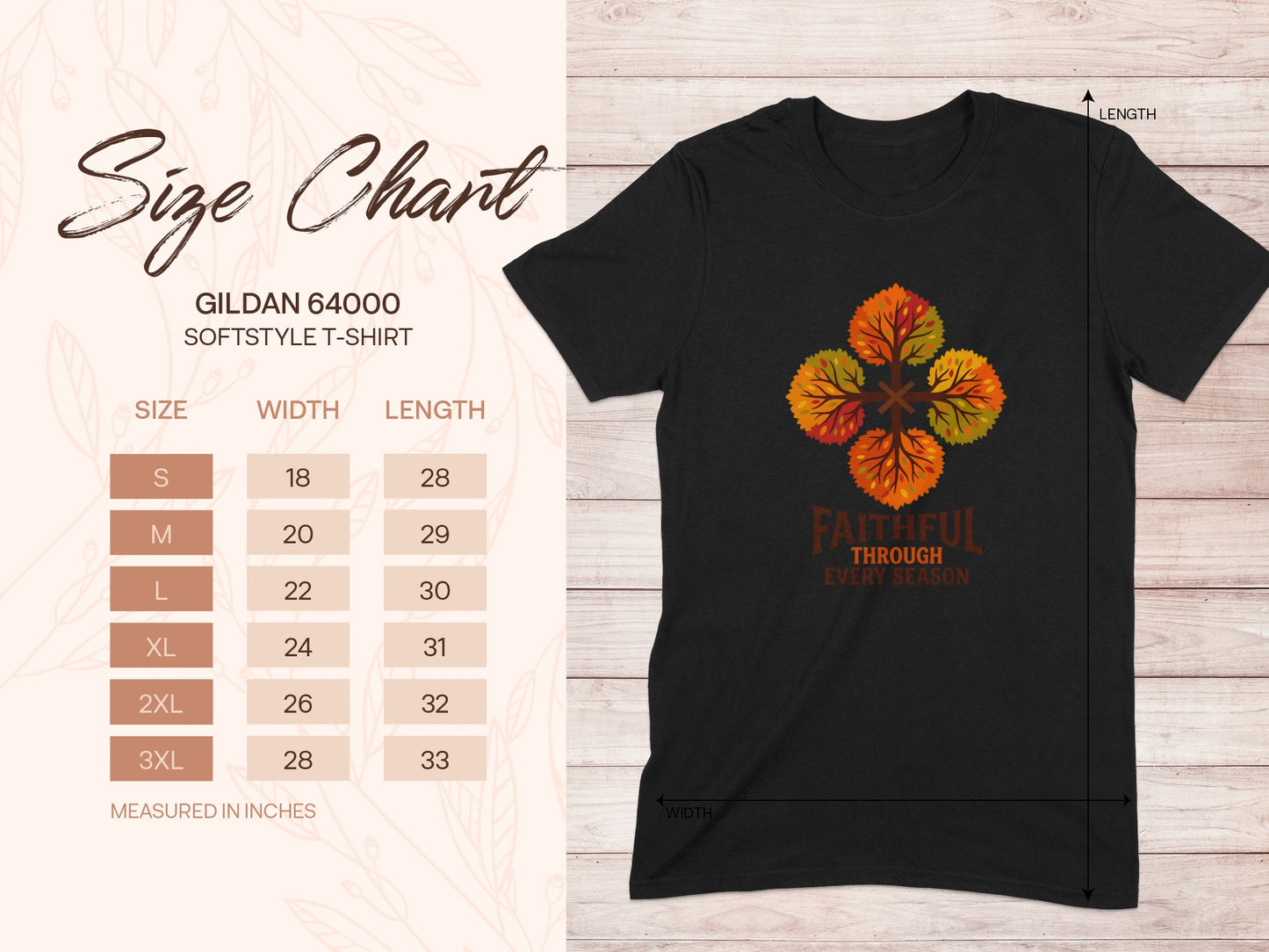 Gildan 64000 t-shirt size chart with shirt mockup featuring text "Faithful Through Every Season".