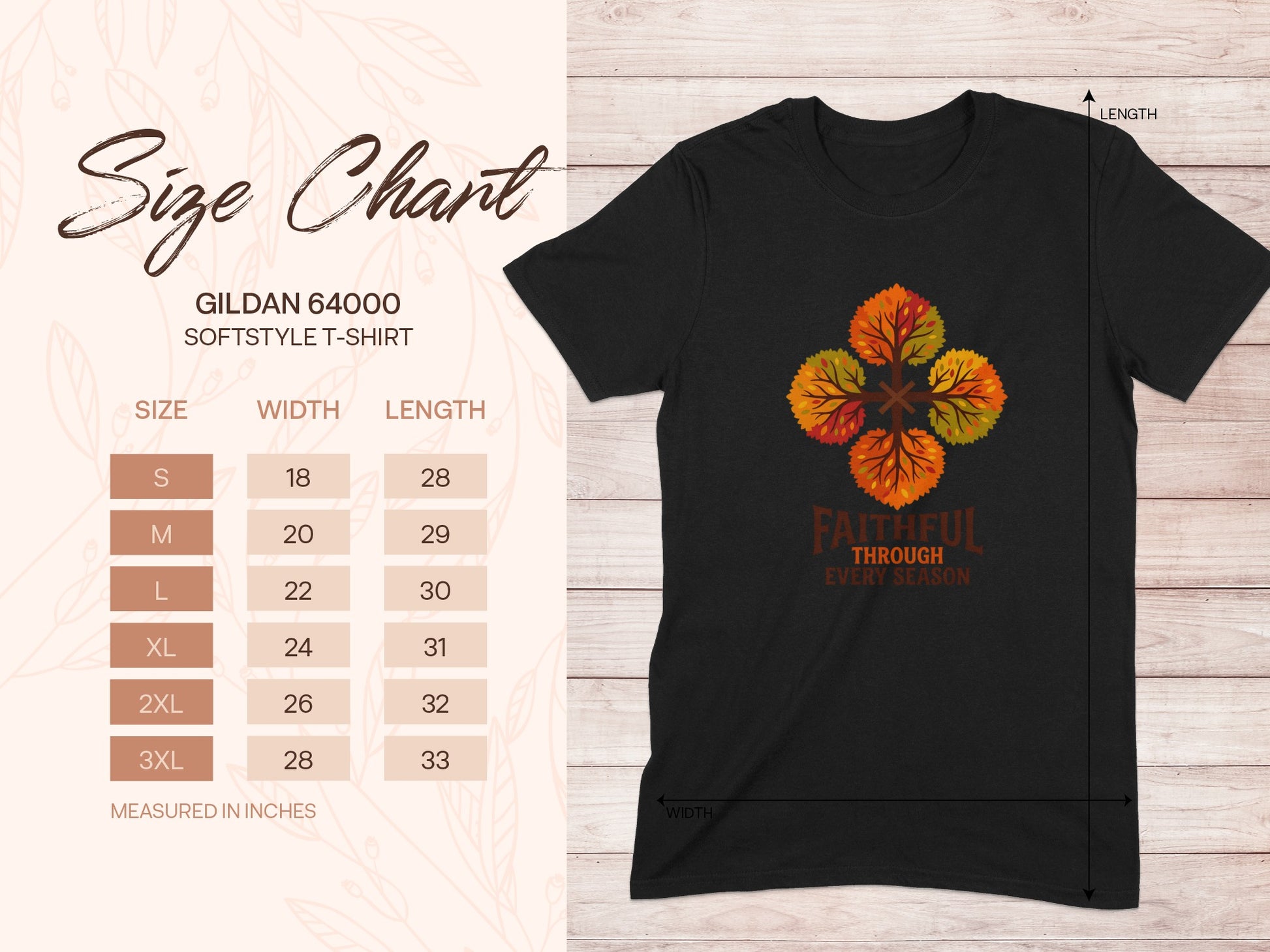 Gildan 64000 t-shirt size chart with shirt mockup featuring text "Faithful Through Every Season".