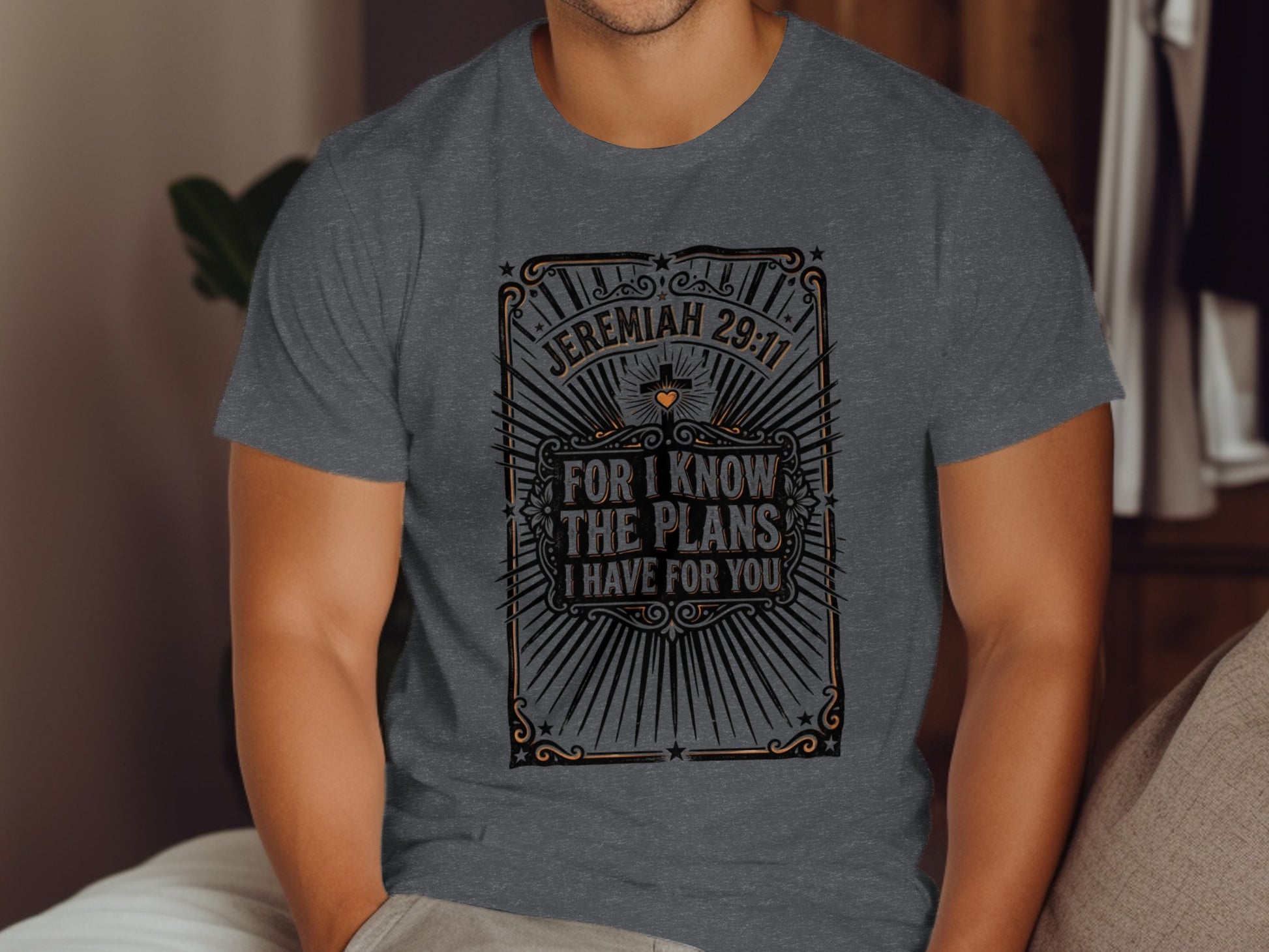 Gray t-shirt with "Jeremiah 29:11 For I know the plans I have for you" text.