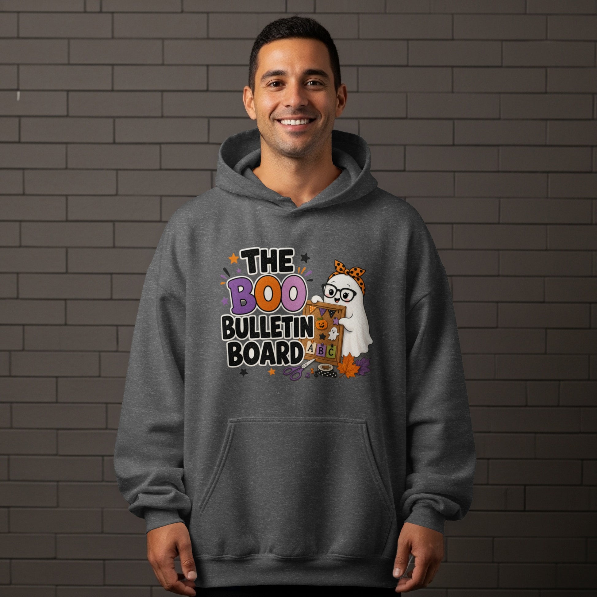 Dark grey hoodie with a Halloween-themed graphic of a ghost and "The Boo Bulletin Board" text.
