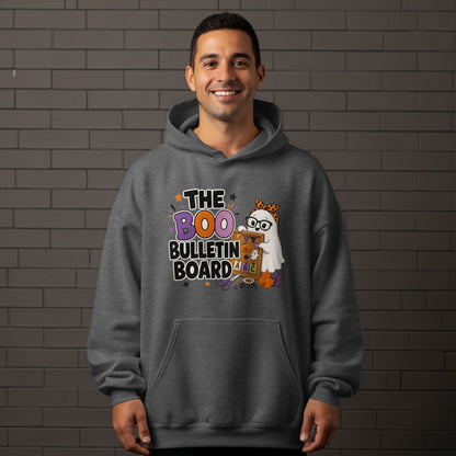 Dark grey hoodie with a Halloween-themed graphic of a ghost and "The Boo Bulletin Board" text.