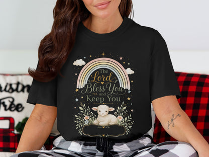 Black t-shirt with rainbow, text, and lamb graphic, The Lord Bless You and Keep You.