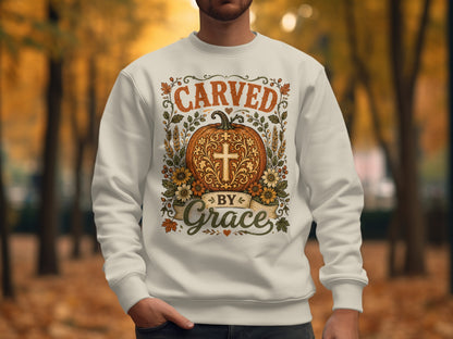 Cream sweatshirt with "Carved by Grace" text and pumpkin graphic.