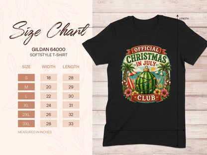 Gildan 64000 size chart for t-shirt with Christmas in July club graphic.