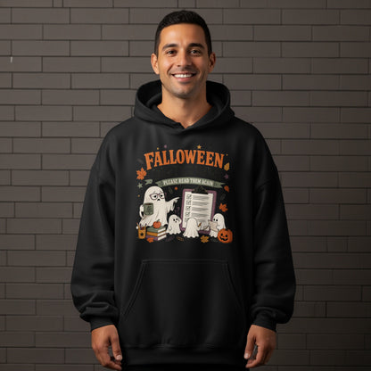 Black hoodie with a Halloween-themed graphic of ghosts and text "Falloween Please Read Them Again".