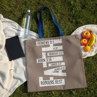 Tote bag with Bible verses HEBREWS 11:1, JOHN 3:16, JAMES 2:17, ROMANS 10:17.